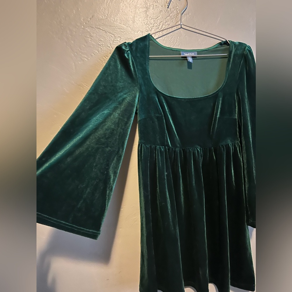 ModCloth Green Velvet Babydoll dress with Angel sleeves